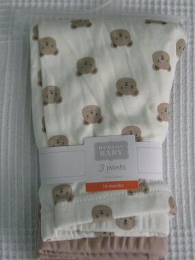 Hudson Baby 100% Super Soft Cotton Pants Leggings 3 pair Teddy Bear Size 18 MO